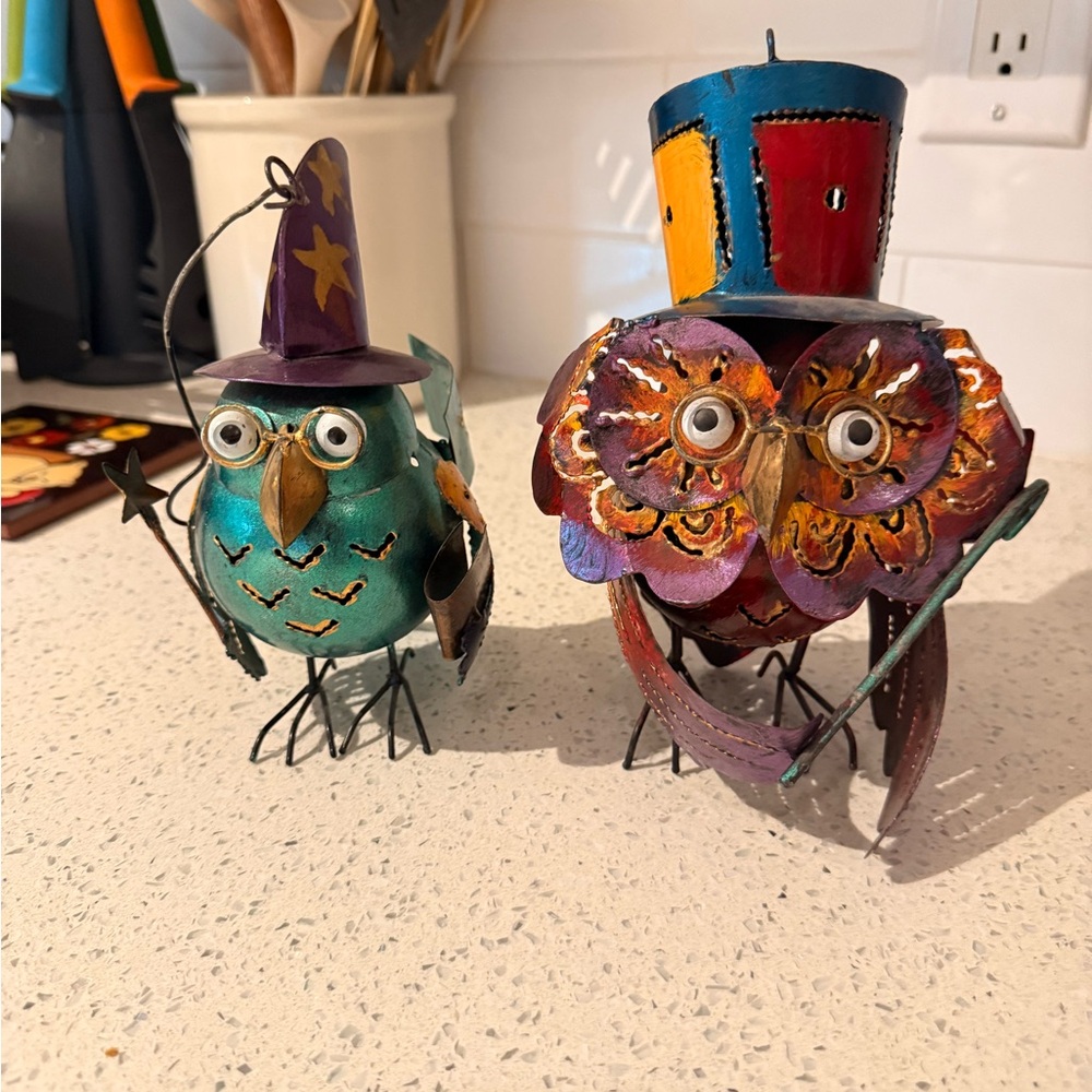 Metal Mad Hatter Owl/Bird Tealight Candle Holders
